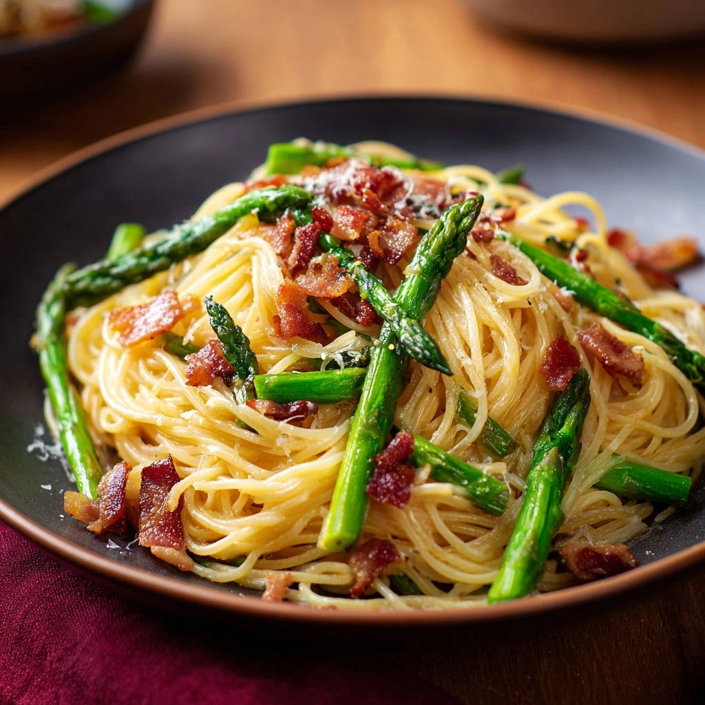 Speedy spaghetti with asparagus and bacon, a close-up view showing the pasta, crisp bacon, and vibrant green asparagus.