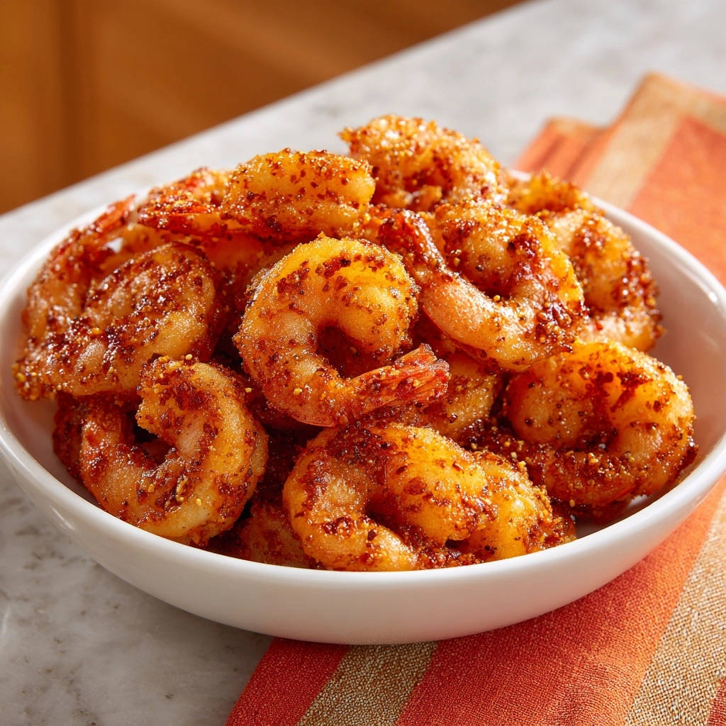 Spiced pan-seared shrimp piled high in a white bowl, showing a detailed close-up of the seasoned texture.