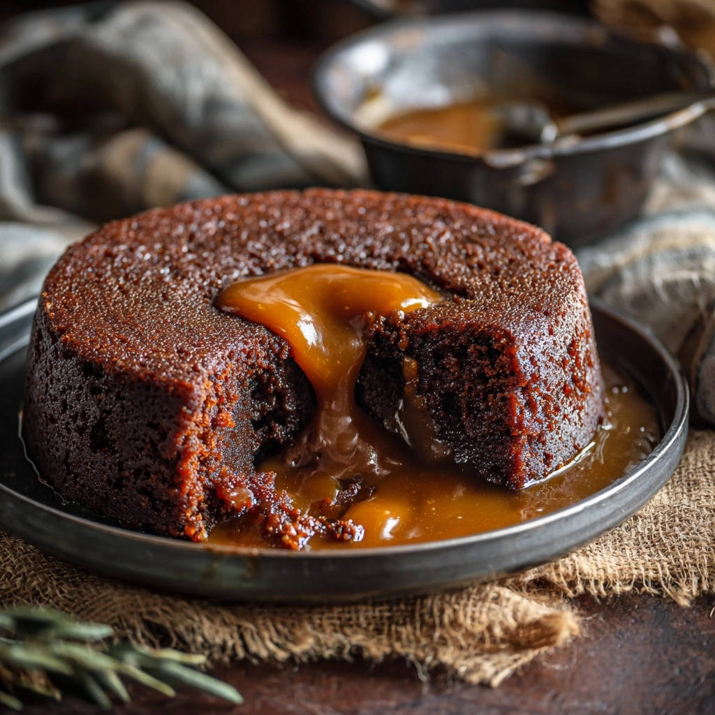 Classic sticky date pudding with a rich caramel sauce oozing from its moist interior cross-section.