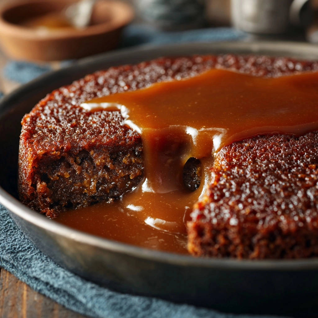 Classic sticky date pudding with a generous caramel glaze, showing a moist interior cross-section.