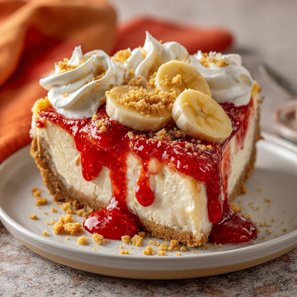 No-Bake Strawberry Banana Cheesecake Pie slice revealing its creamy filling and berry topping.