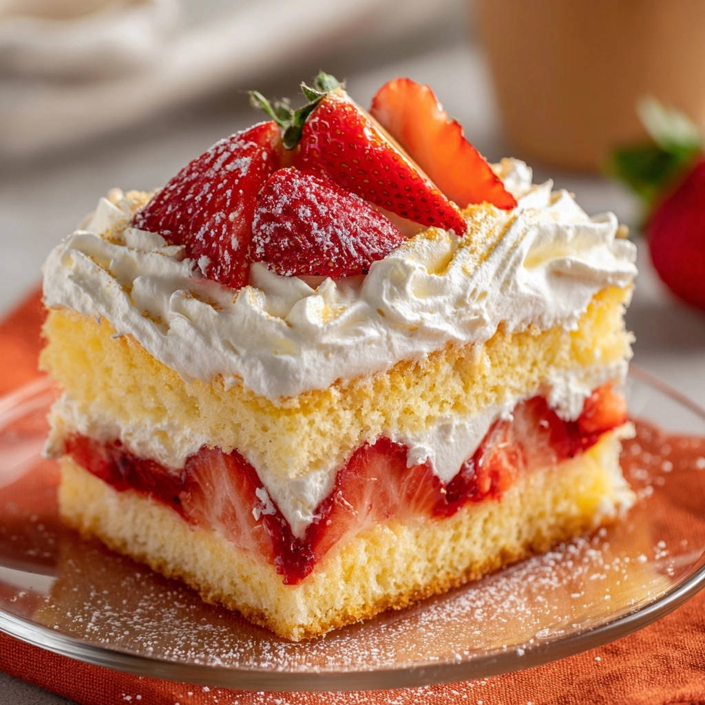 Perfect strawberry layer cake cross-section showing layers of cake, whipped cream, and fresh strawberries.