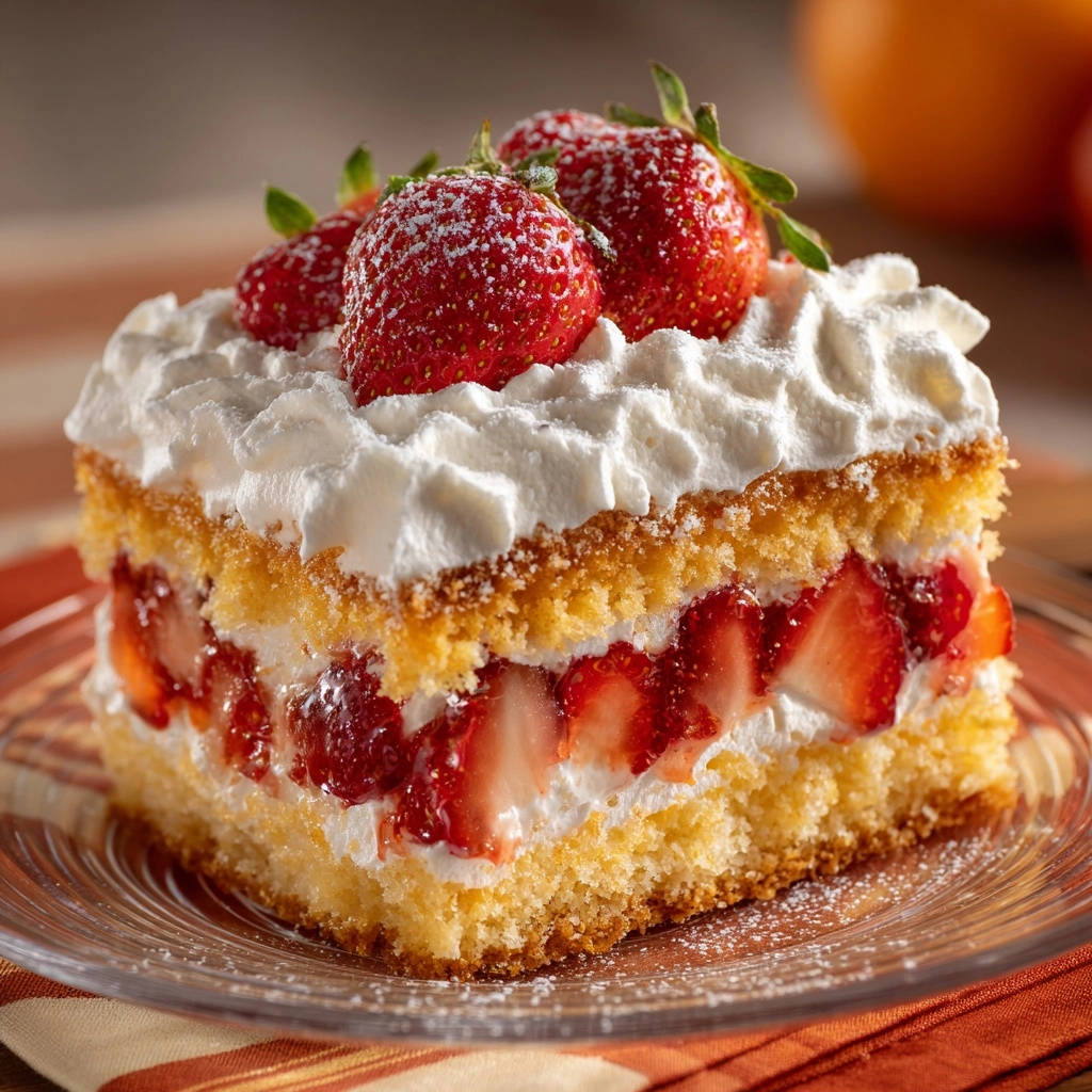 Strawberry layer cake cross-section showing layers of cake, whipped cream, and fresh strawberries, dusted with powdered sugar.