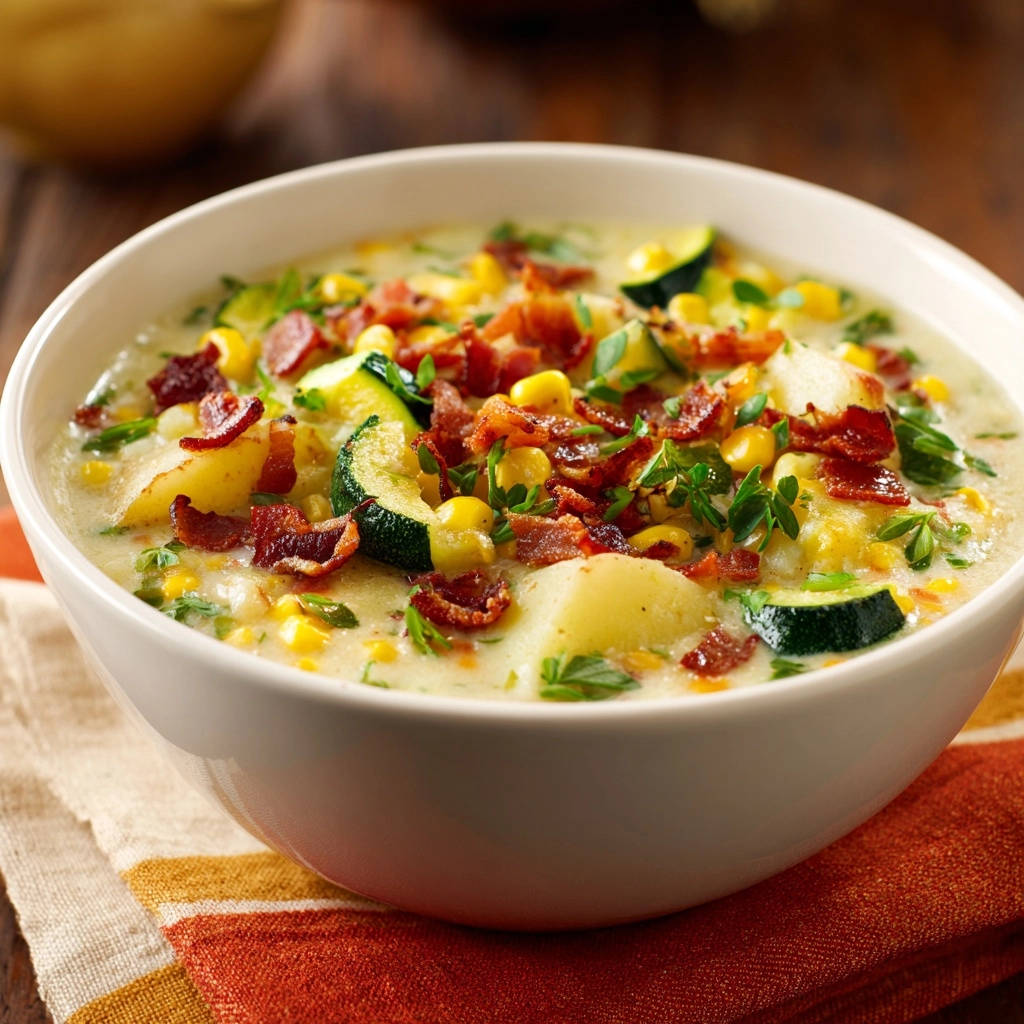 Summer Corn &amp; Zucchini Chowder features a creamy broth topped with bacon, corn, zucchini, and fresh herbs.