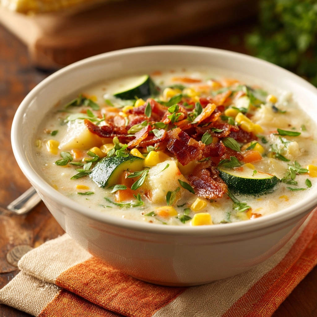 Summer corn & zucchini chowder topped with crispy bacon and fresh herbs in a white bowl.