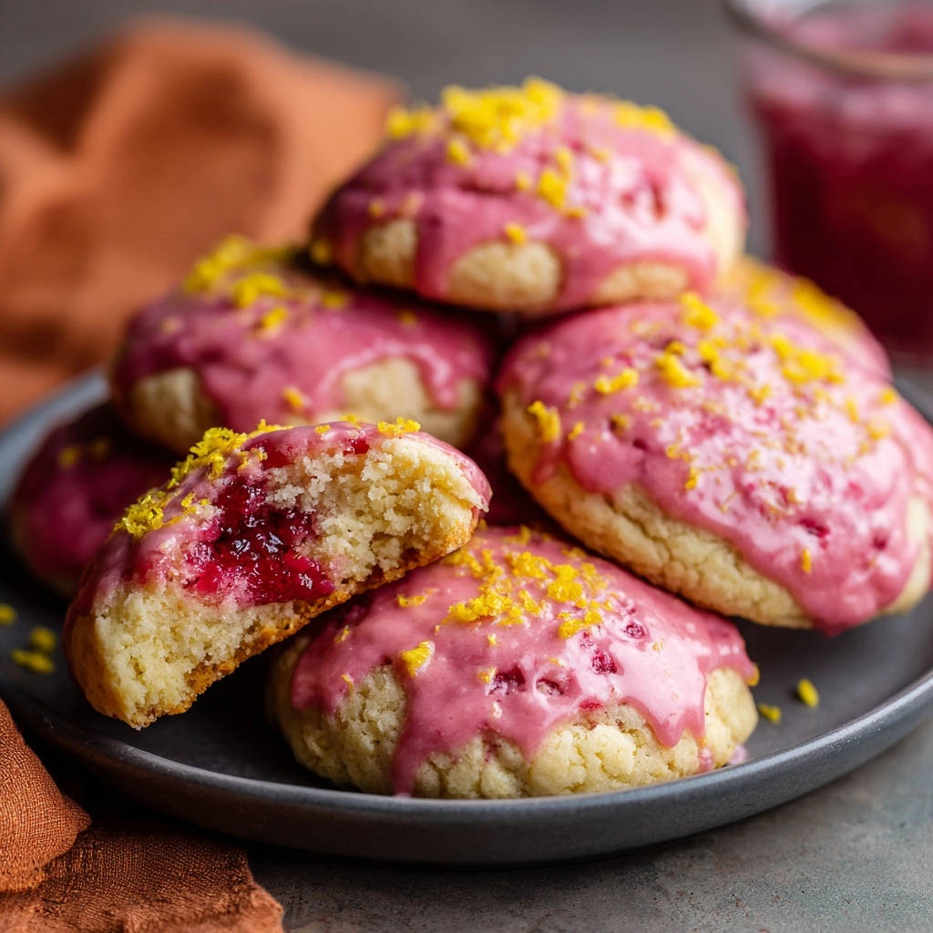 Sunshine berry drop cookies shown in a close-up cross-section, revealing a soft interior with berry filling.