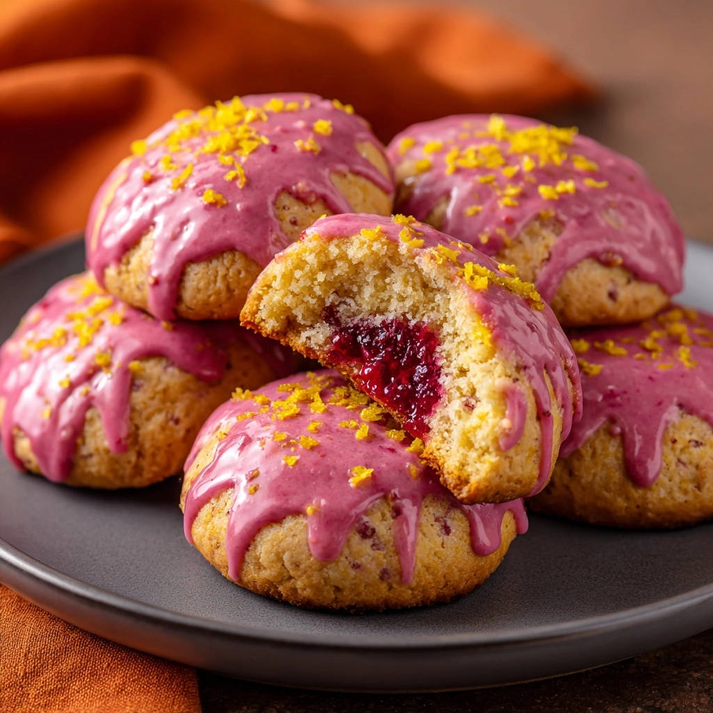 Sunshine Berry Drop Cookies showing a cross-section with a vibrant berry filling and pink glaze.