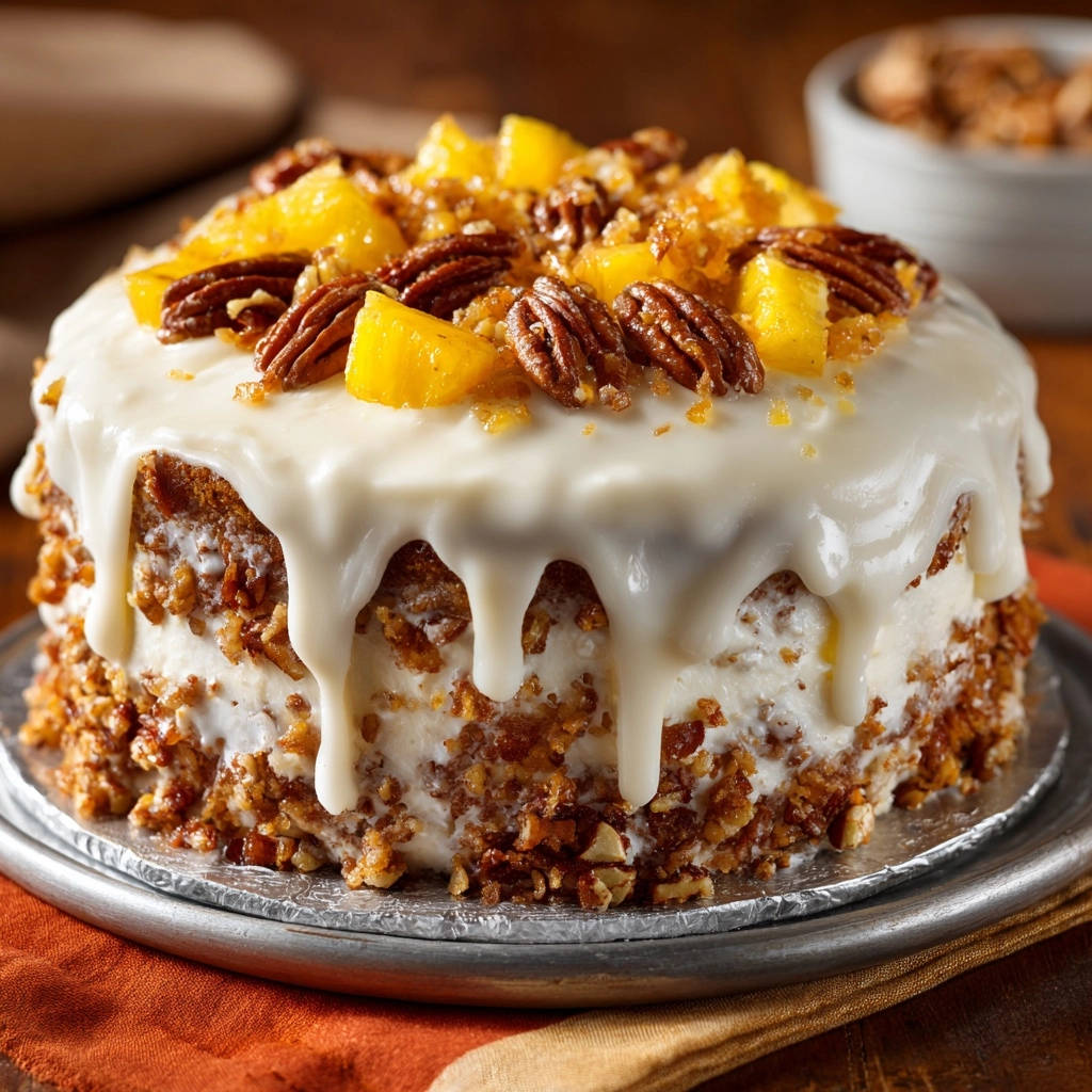 Tropical hummingbird cake topped with pecans and pineapple chunks, showcasing its creamy frosting and moist crumb.