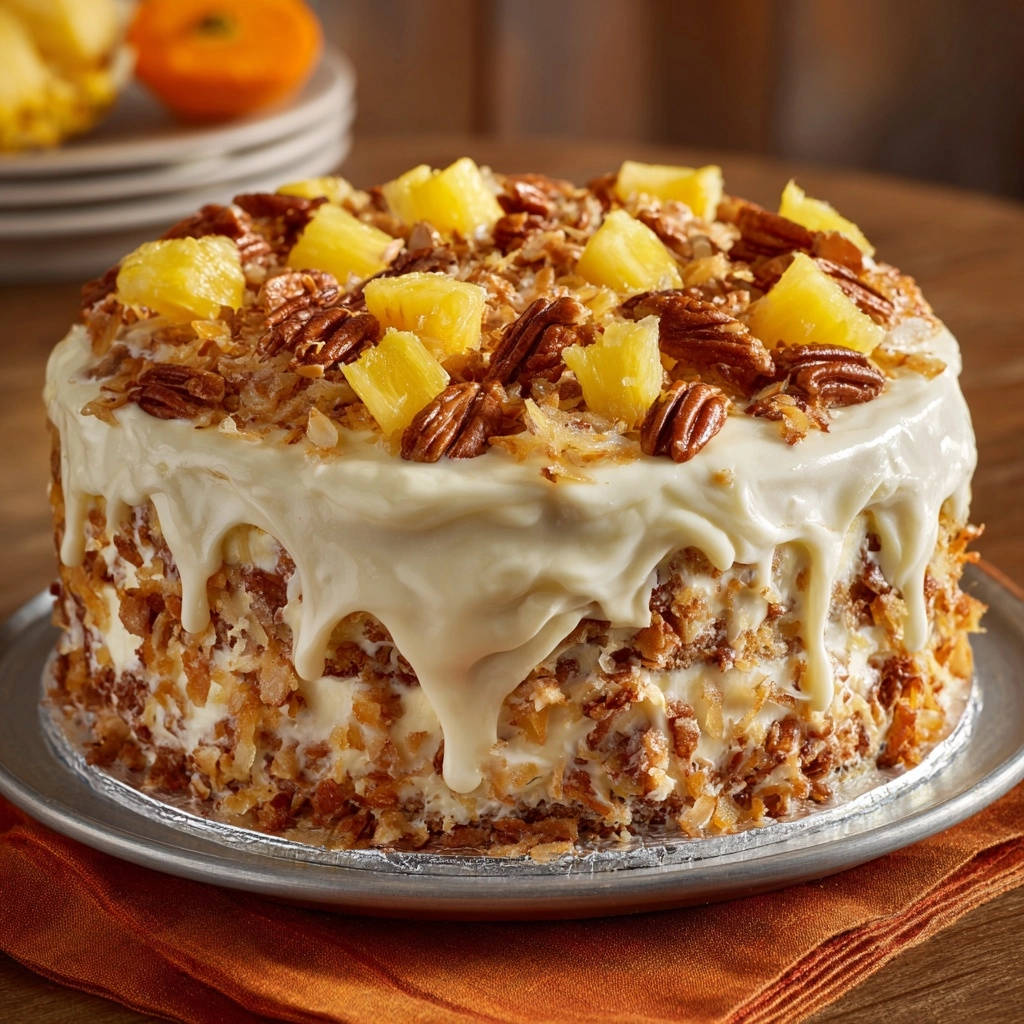 Tropical Hummingbird Cake generously topped with pineapple chunks and pecans, showcasing its frosted sides.