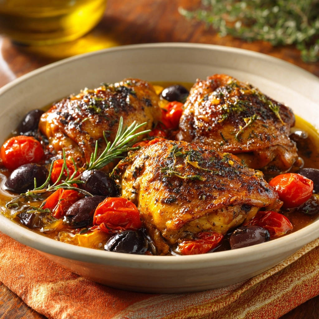 Tuscan inspired braised chicken thighs with olives and tomatoes, shown in a close-up view within a serving bowl.