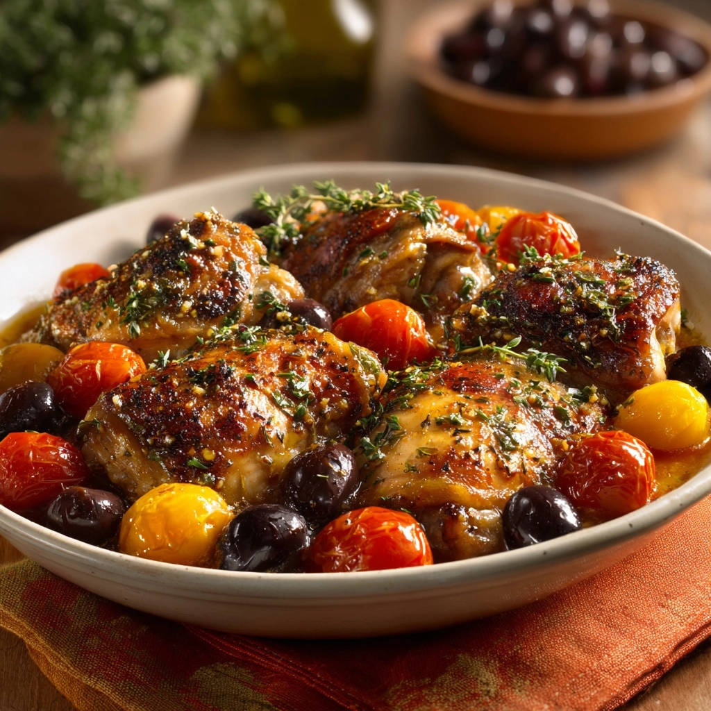 Tuscan inspired braised chicken thighs served in a bowl with olives and tomatoes, showcasing a close-up view of the dish.