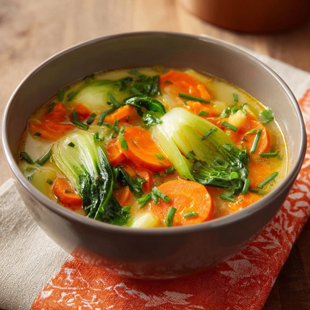 Easy vegetable tortellini soup served in a rustic bowl, featuring tender carrots and bok choy with a sprinkle of chives.