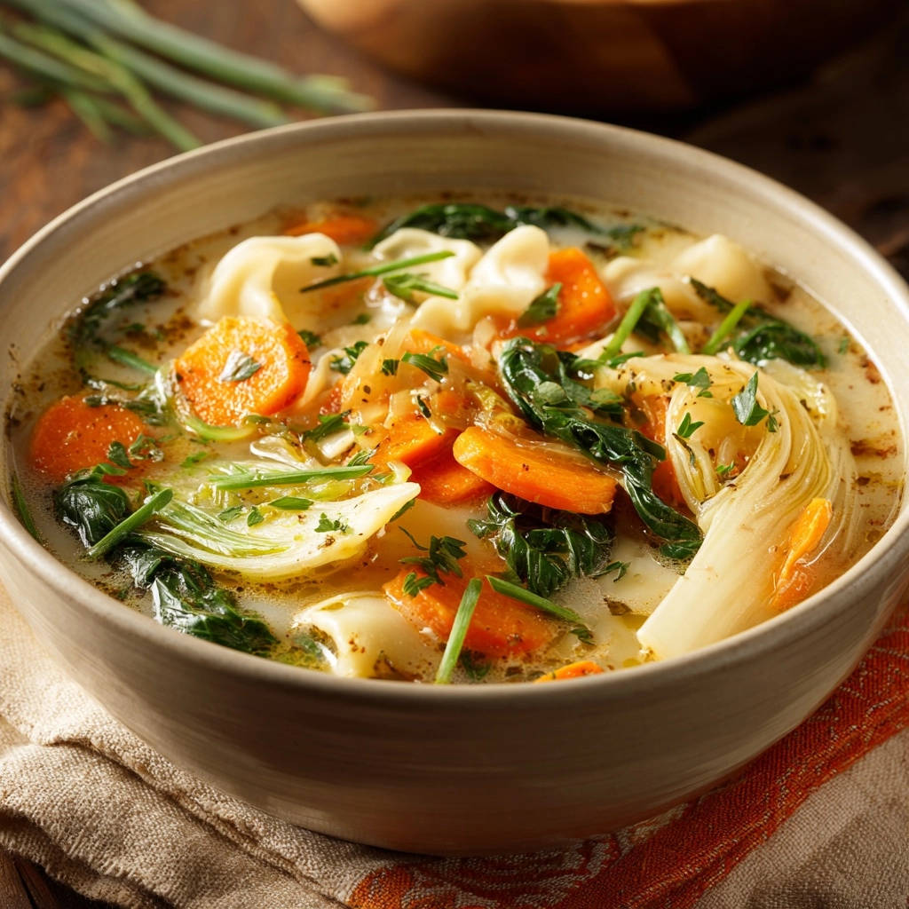 Easy Vegetable Tortellini Soup served hot in a rustic bowl, showing carrots, spinach, and pasta in broth.
