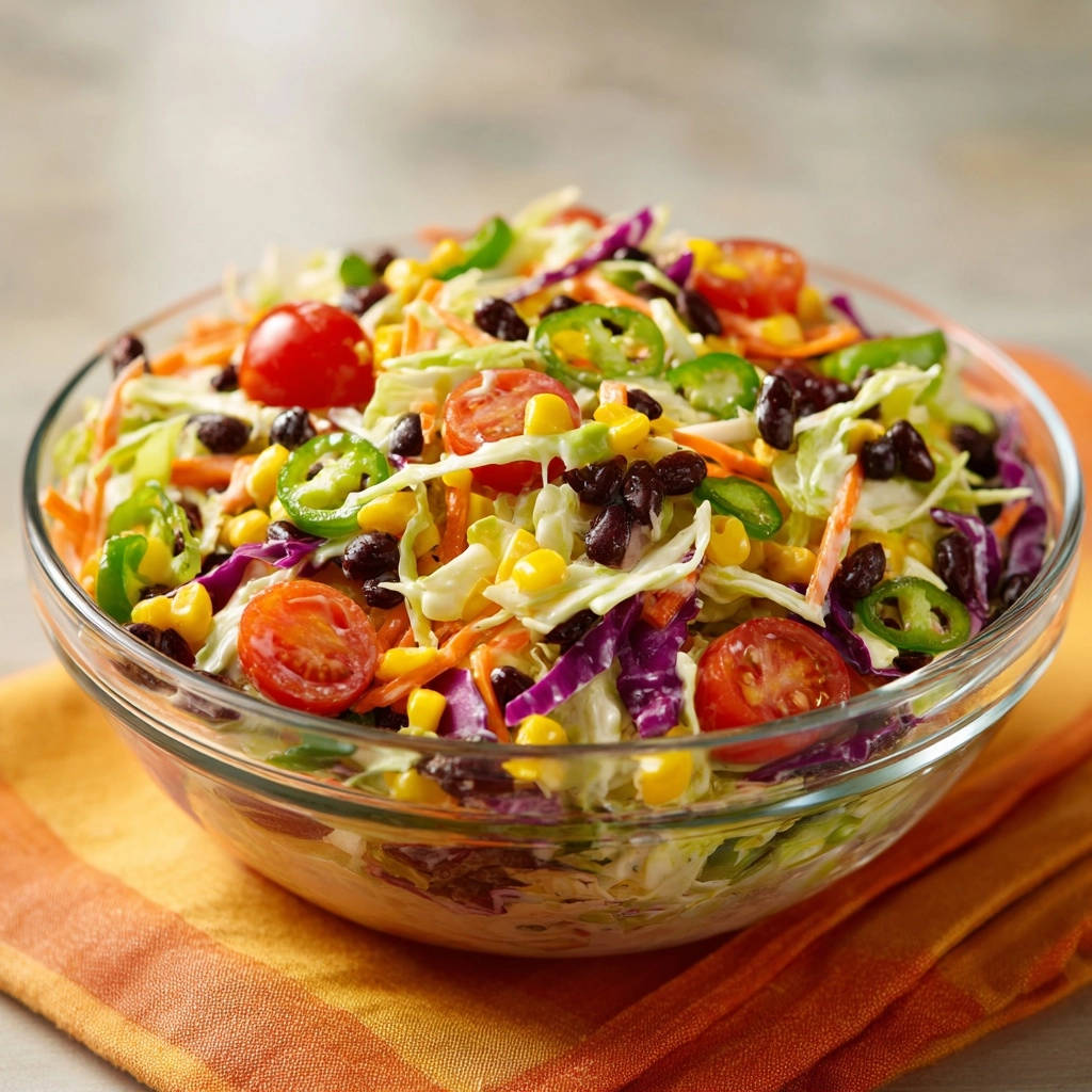 Vibrant Southwest Coleslaw served in a clear glass bowl, showcasing black beans, corn, and jalapeños.