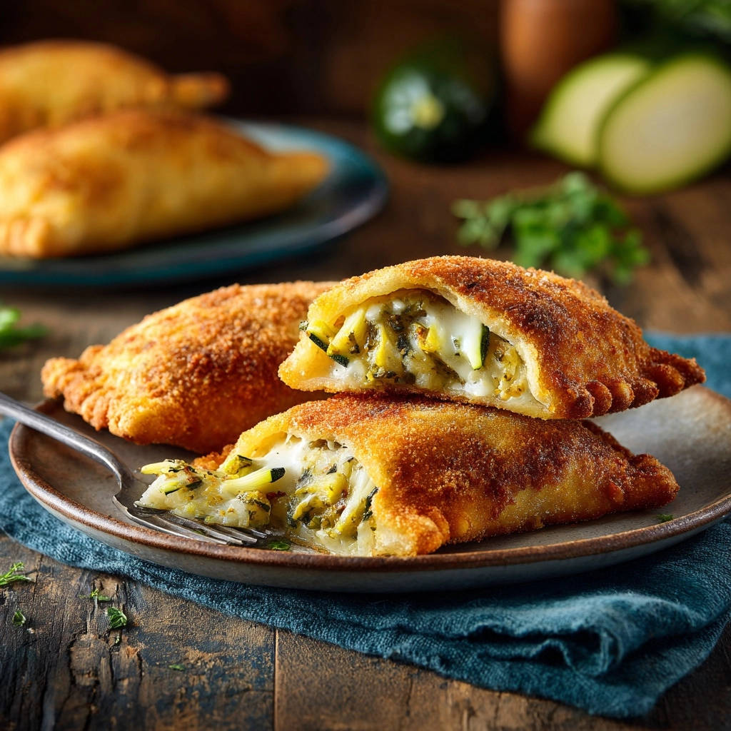 Zucchini &amp; cheese hand pies shown in a close-up cross-section revealing the cheesy filling and golden crust.