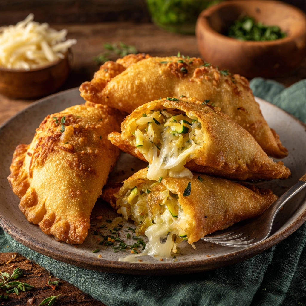 Zucchini & Cheese Hand Pies shown with a gooey cheese pull from a cross-section, highlighting the melted interior filling.