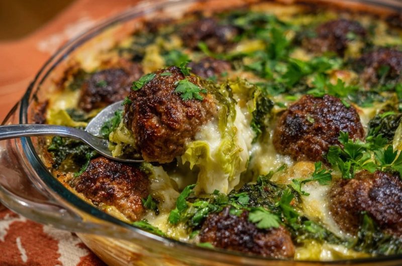 Cheesy Meatball and Greens Bake
