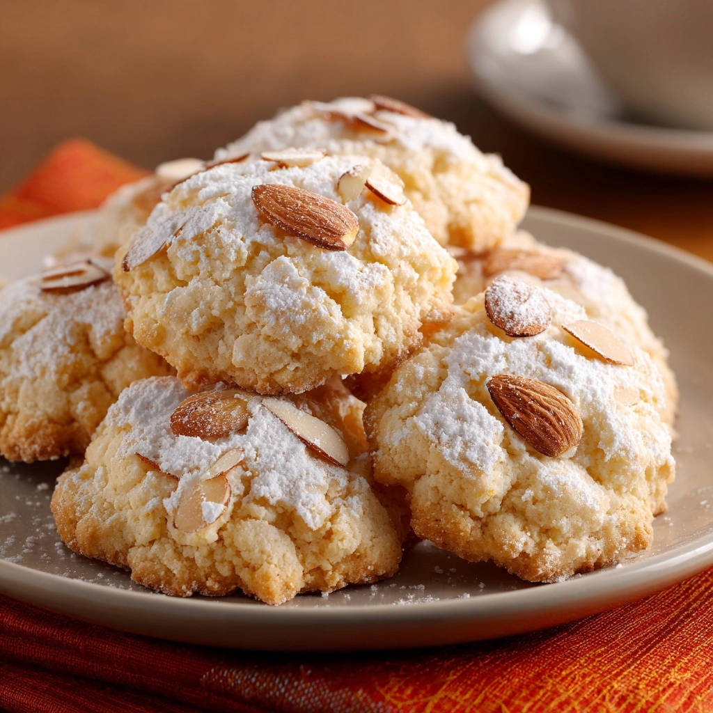 Almond Delight Cookies dusted with powdered sugar and topped with sliced almonds on a plate.
