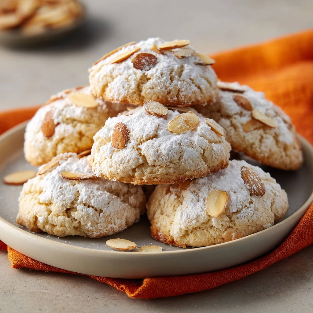 Almond delight cookies, stacked and dusted with powdered sugar and almond slivers.