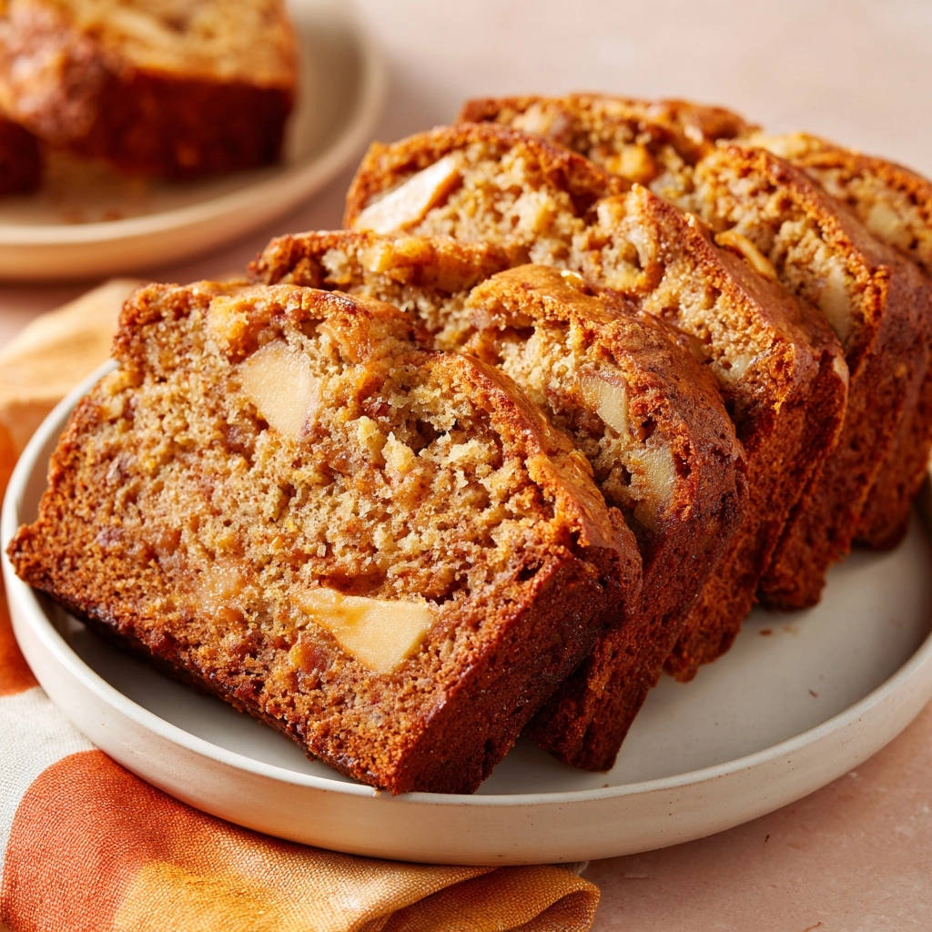 Apple cinnamon loaf sliced on a white plate, showcasing its moist interior and tender apple pieces.