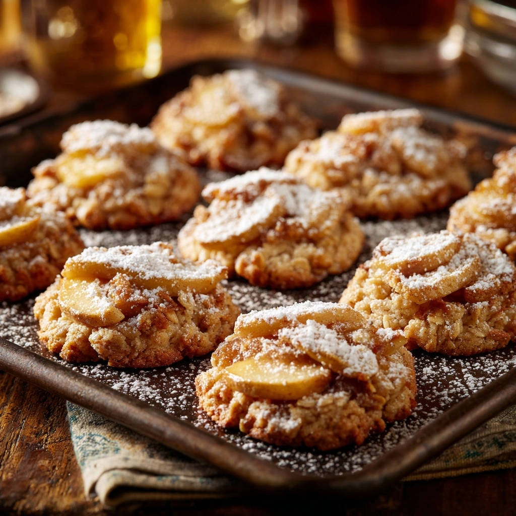 Apple cinnamon oatmeal cookies topped with powdered sugar and sliced apples, presented on a baking sheet.