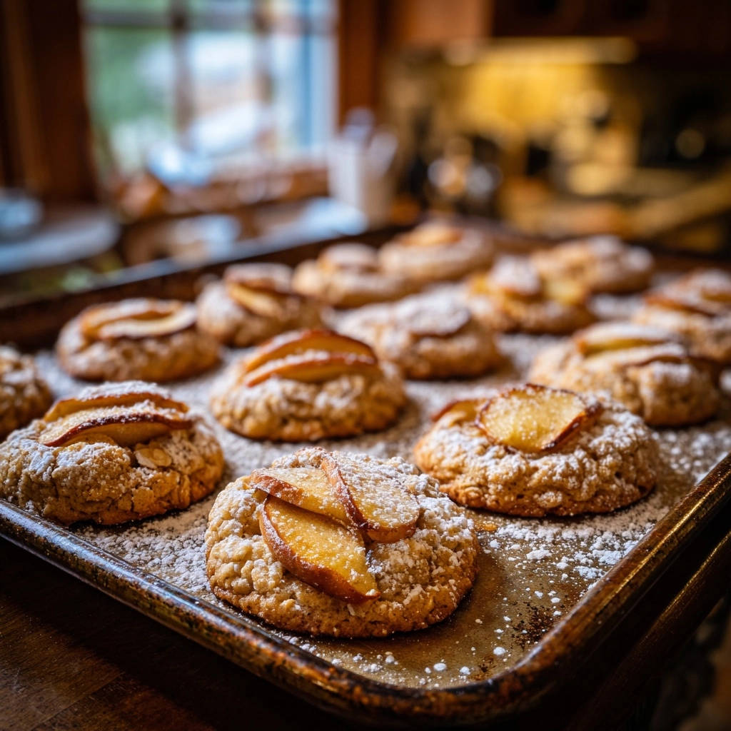 Apple cinnamon oatmeal cookies, soft and chewy, dusted with powdered sugar and topped with apple slices, shown on a baking sheet.
