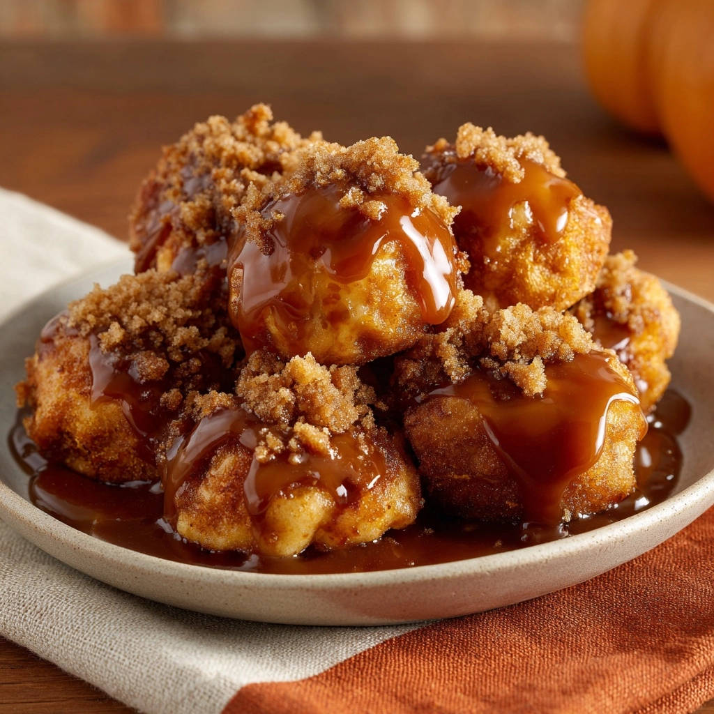 Apple crumble fritters with a rich caramel drizzle and brown sugar crumble topping, shown in a close-up detail shot.