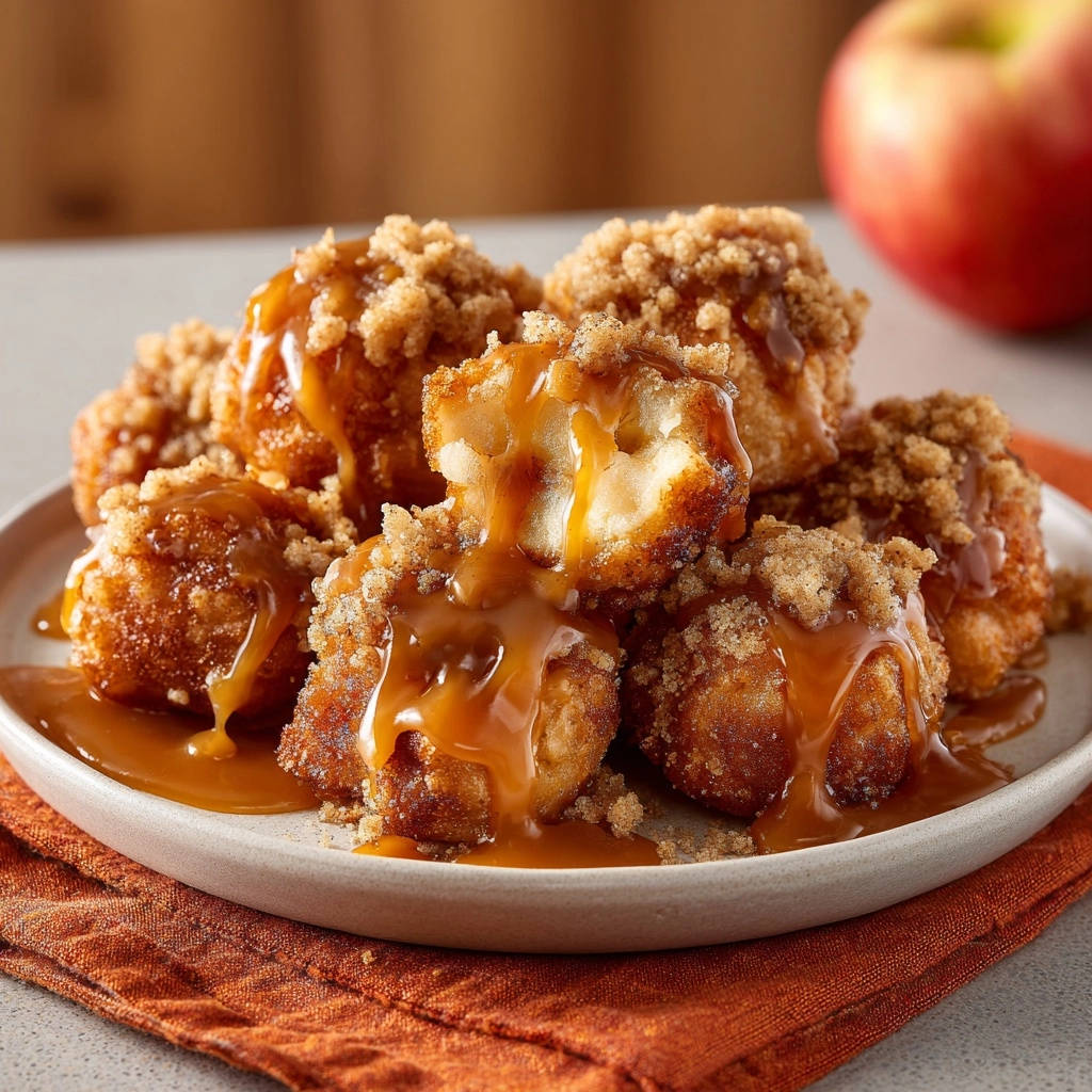 Apple crumble fritters with a rich caramel drizzle and streusel topping, shown in a close-up detail shot.