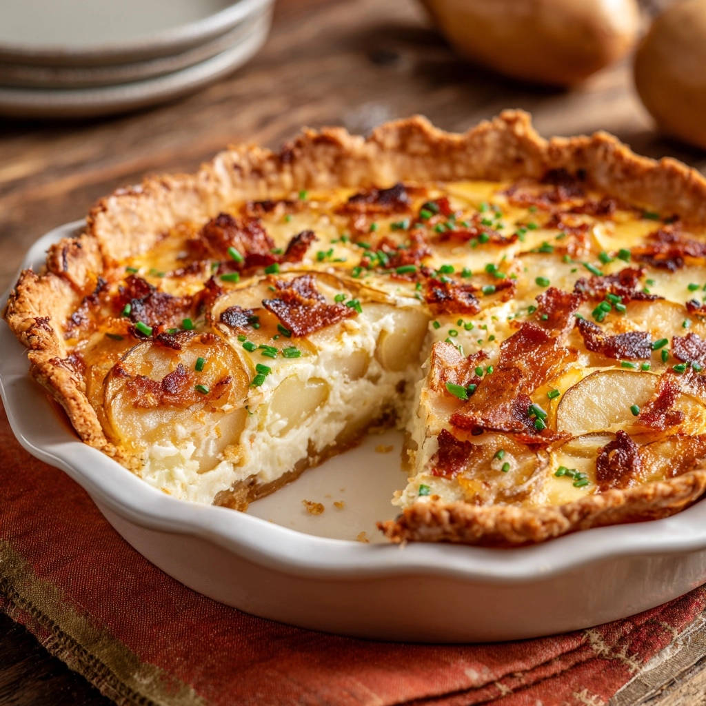 Hearty bacon and potato quiche shown in a cross-section revealing its creamy filling and layers of potato.