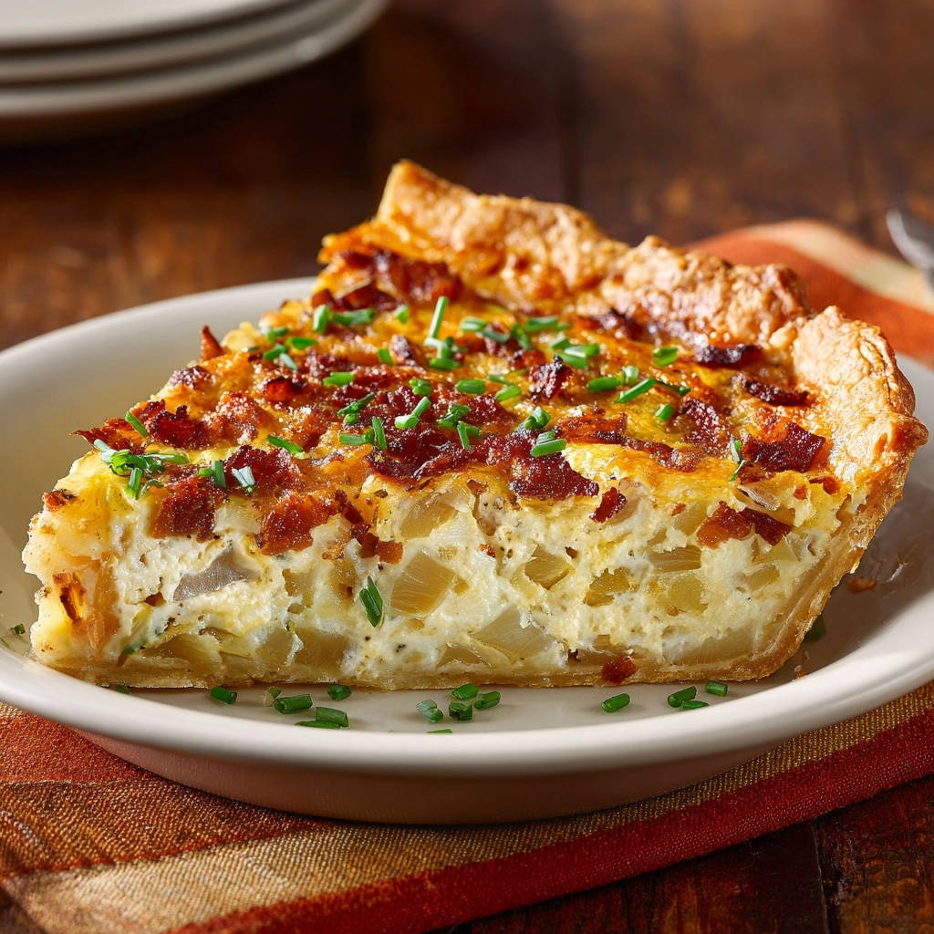 Hearty bacon and potato quiche cross-section showing a thick slice with chives and bacon topping.