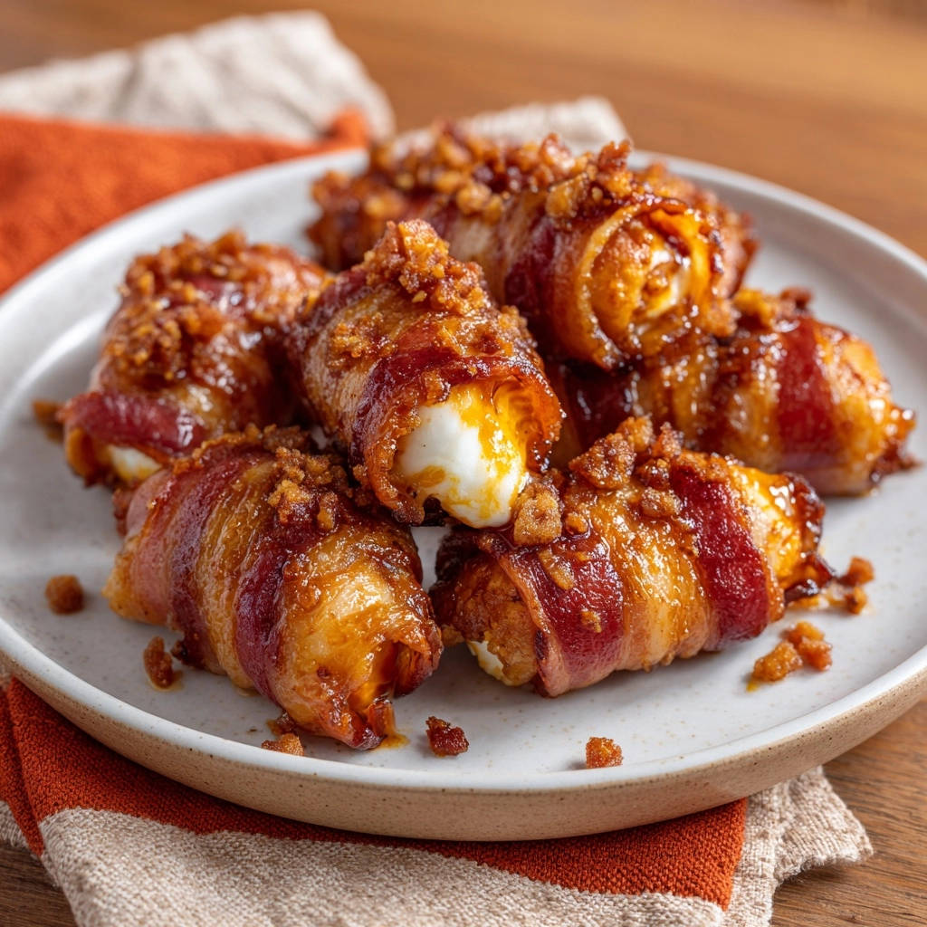 Bacon-wrapped cheesy bites with a close-up view of their gooey, melted interior and crispy bacon topping.