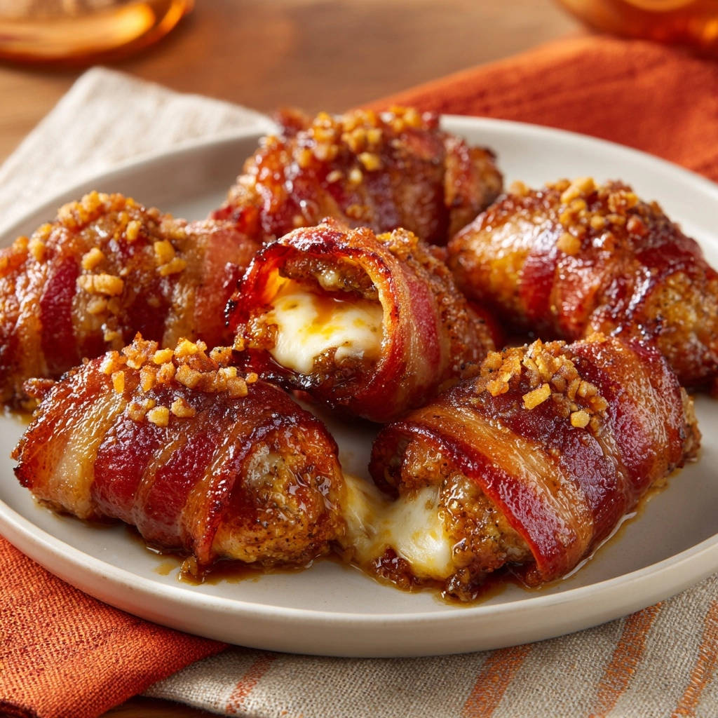 Bacon-wrapped cheesy bites showing a gooey cheese cross-section, a perfect gooey containment.