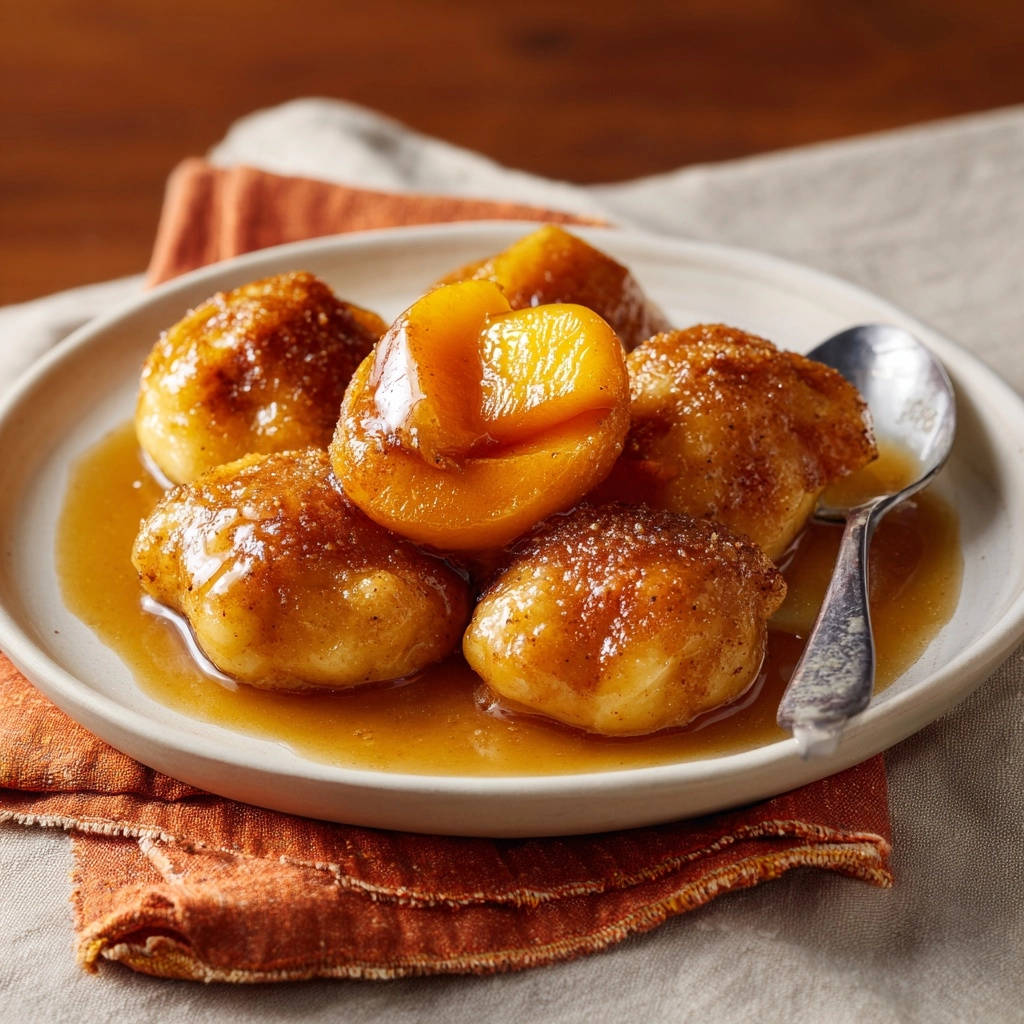 Classic baked apple dumplings glistening with a rich glaze, served warm on a plate.