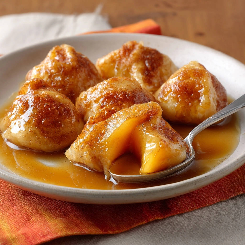 Classic baked apple dumplings shown in a close-up with a spoonful revealing the tender fruit interior.