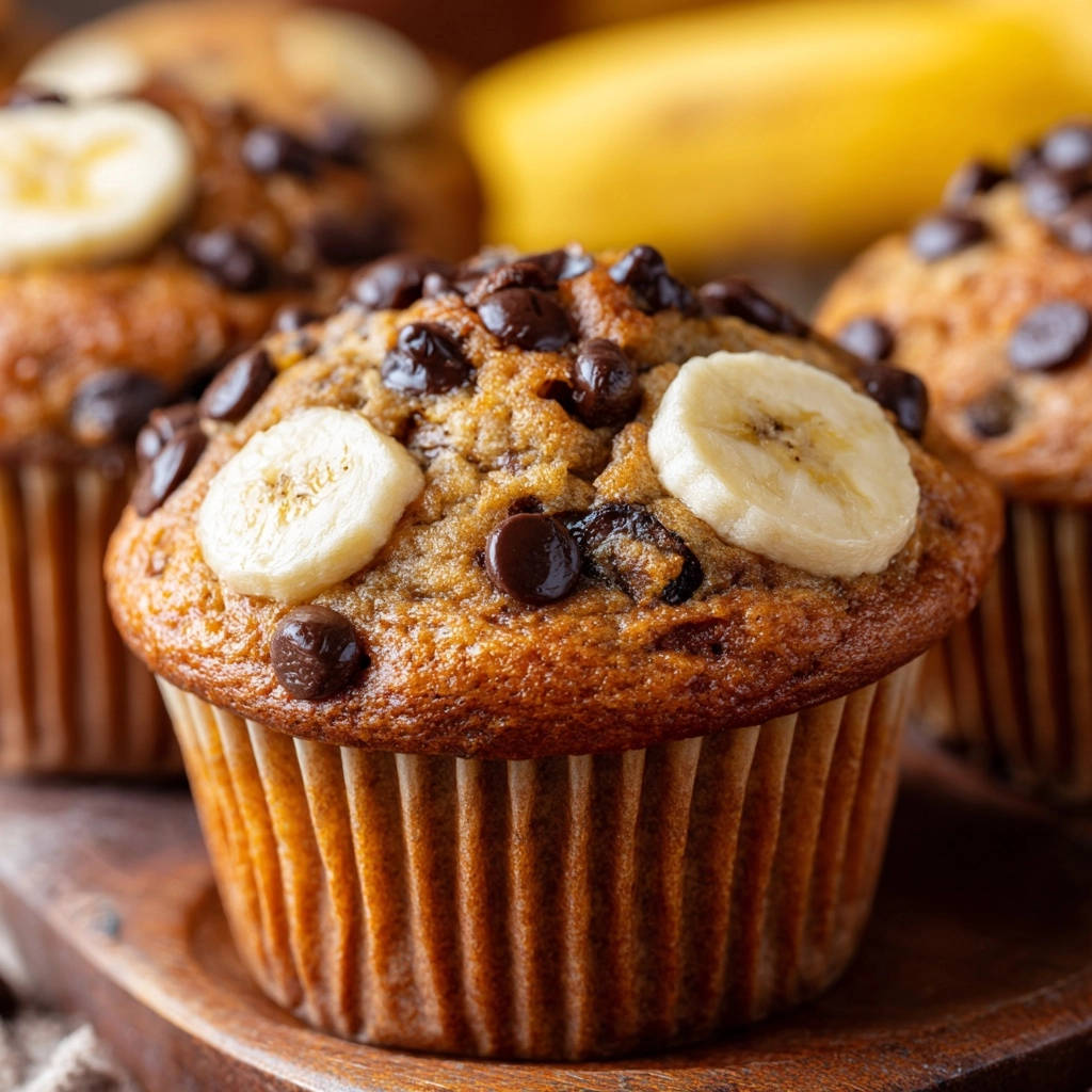 Banana chocolate chip muffins with fresh banana slices and chocolate chips on top, presented in a muffin liner.