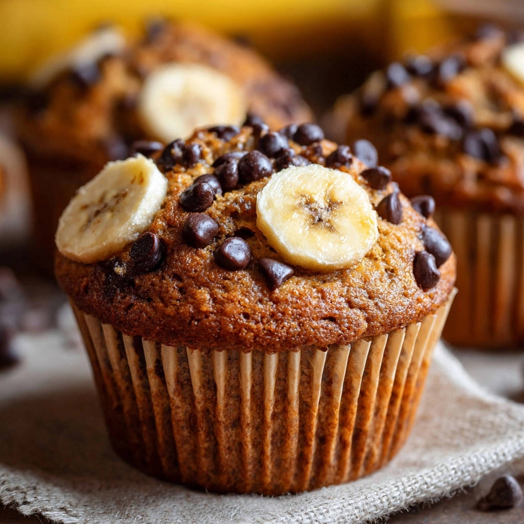 Banana chocolate chip muffins with chocolate chips and banana slices on top, a close-up view.