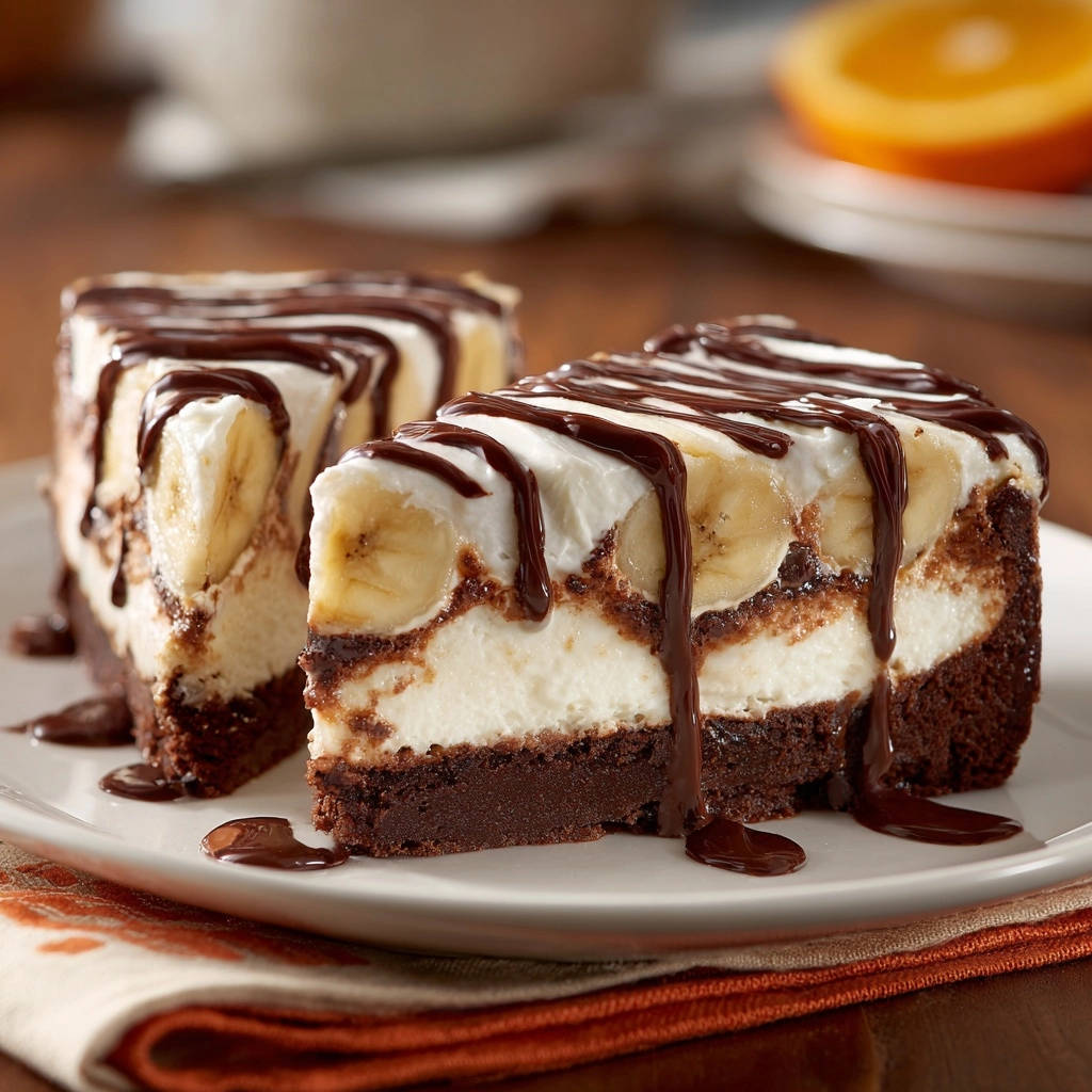 Decadent banana chocolate dessert cross-section showing layers and chocolate drizzle on a white plate.