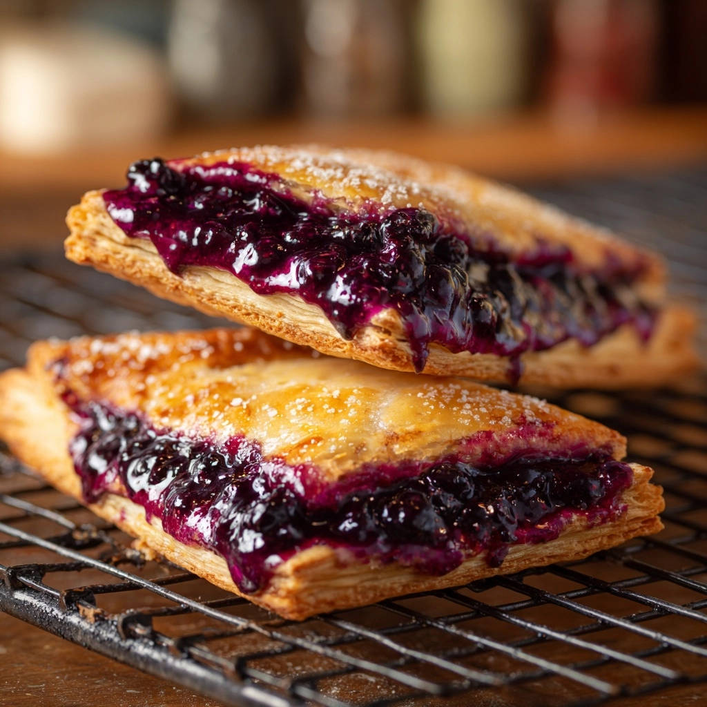 Blueberry puff pastry turnovers cooling on a wire rack, showcasing their golden flaky crust and rich purple filling.