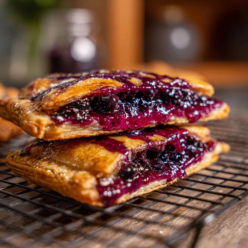 Blueberry puff pastry turnovers stacked, showing a close-up cross-section of the flaky pastry and juicy filling.