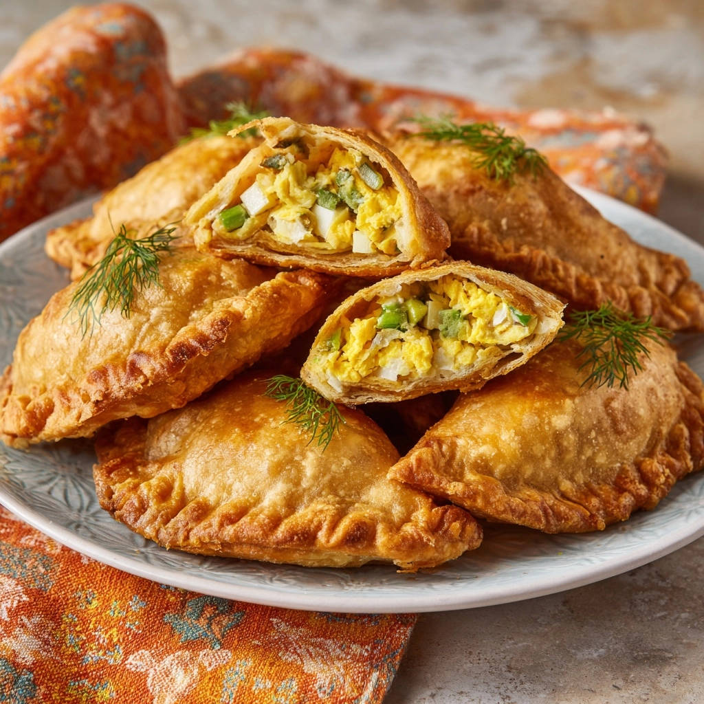 Crispy breakfast empanadas shown in a close-up cross-section, revealing the scrambled egg and vegetable filling.