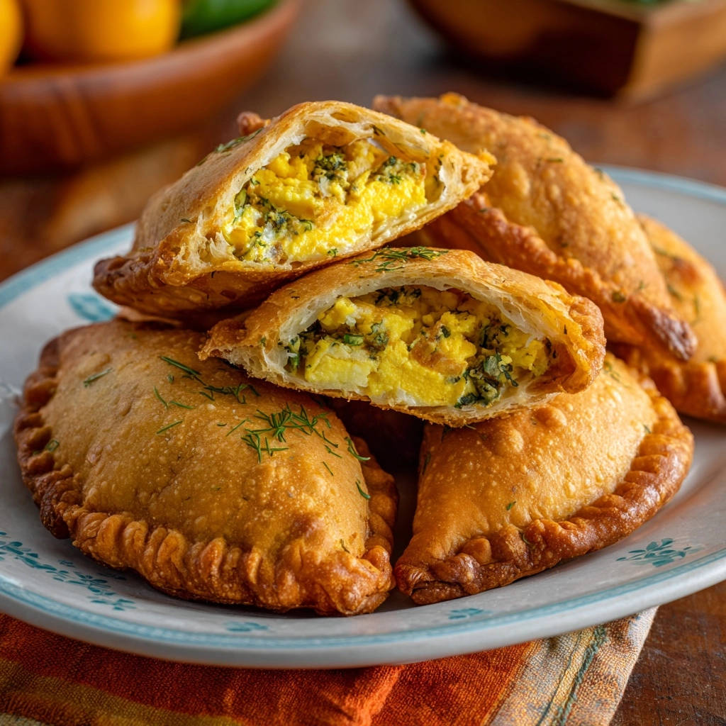 Crispy breakfast empanadas showing a golden cross-section with a fluffy egg and green filling.