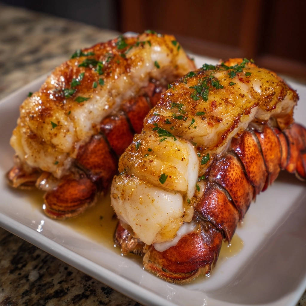 Butter garlic baked lobster tails served on a white plate, a close-up view highlighting the seasoned tops and red shells.