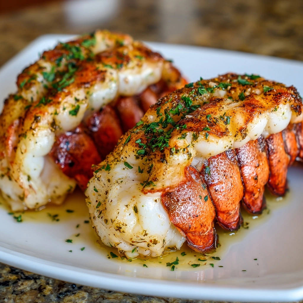 Butter garlic baked lobster tails, two tender tails glistening with butter and garnished with fresh parsley.