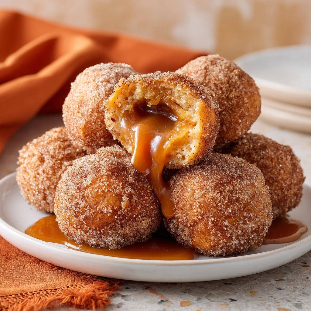 Caramel apple fritter bites showing a gooey caramel filling oozing from a cross-section.