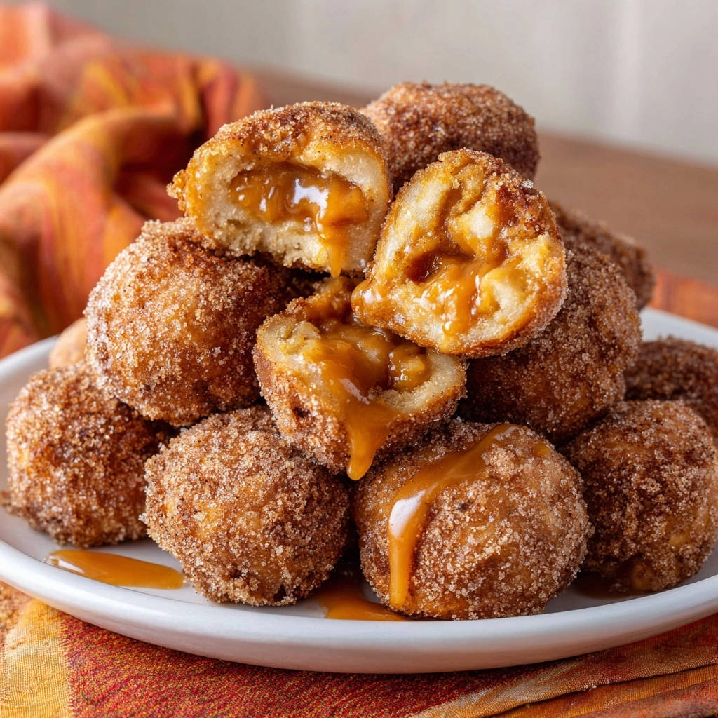 Caramel apple fritter bites showing a gooey caramel apple cross-section with a cinnamon sugar coating.