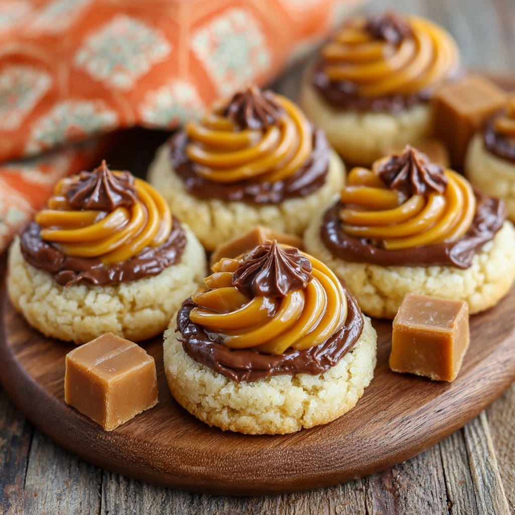 Caramel Chocolate Dream Cookies always soft &amp; dreamy, beautifully decorated with swirls of caramel and chocolate frosting and surrounded by caramel squares.