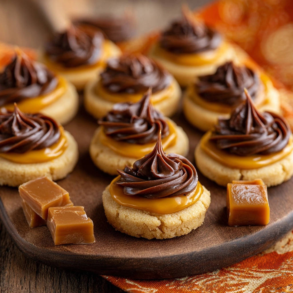 Caramel Chocolate Dream Cookies topped with chocolate frosting and served with caramel candy pieces on the side.