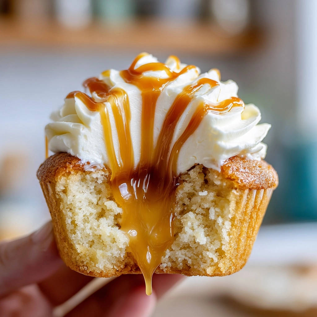 Caramel lava cupcakes cross-section showing a generous gooey caramel center and white frosting drizzle.