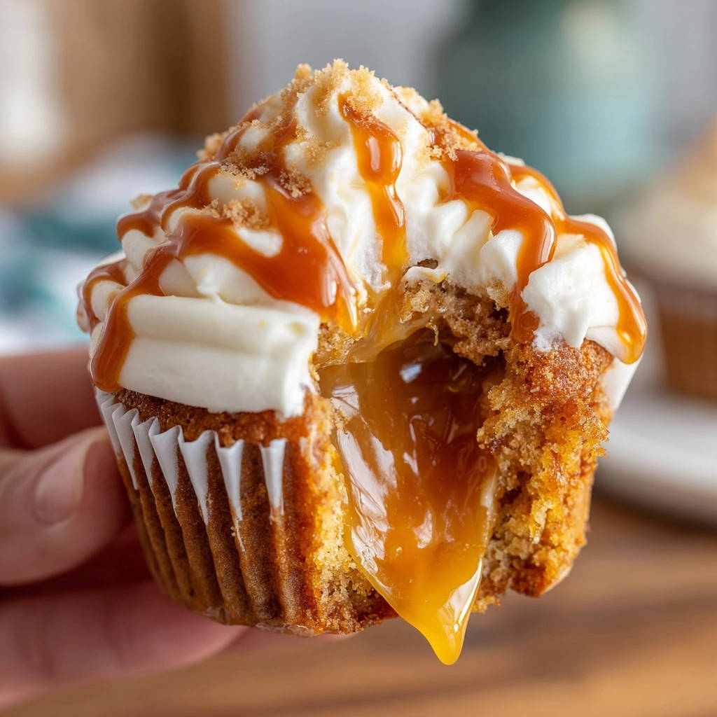 Caramel lava cupcakes with a gooey caramel center revealed in a close-up cross-section view.