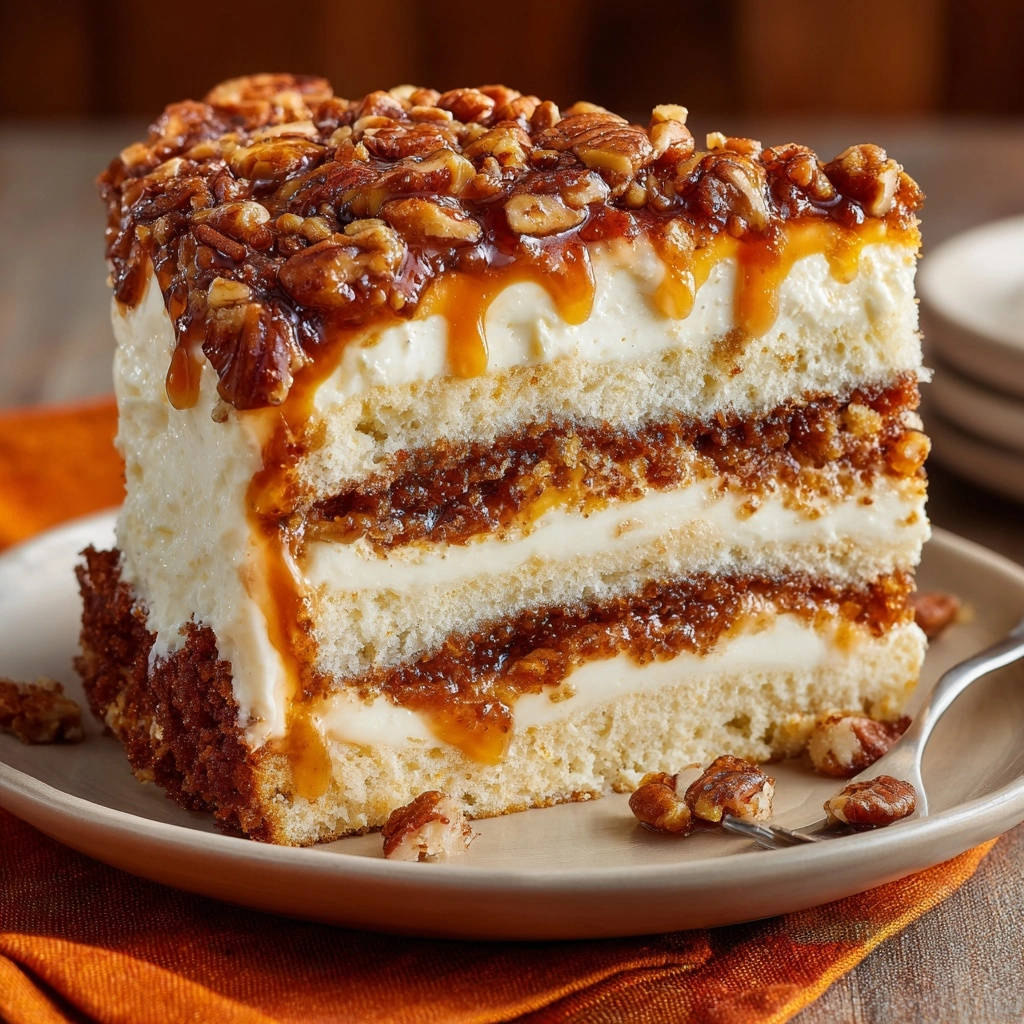 Caramel pecan layer cake cross-section detail showing rich caramel filling and fluffy cream frosting between cake layers.